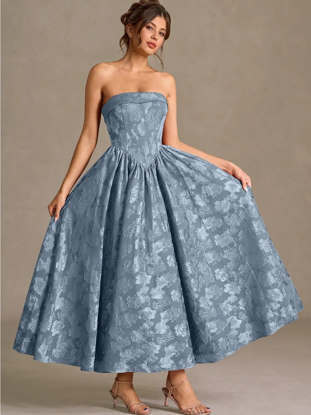 Mila Strapless Tea-Length Dress in Dusty Blue